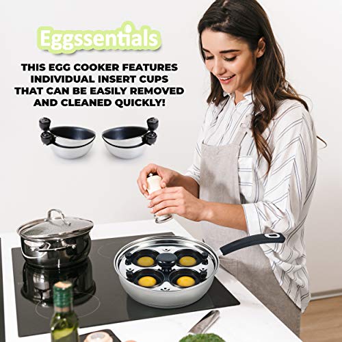Eggssentials Poached Egg Maker Nonstick 4 Egg Poaching Cups Stainless Steel Egg Poacher Pan