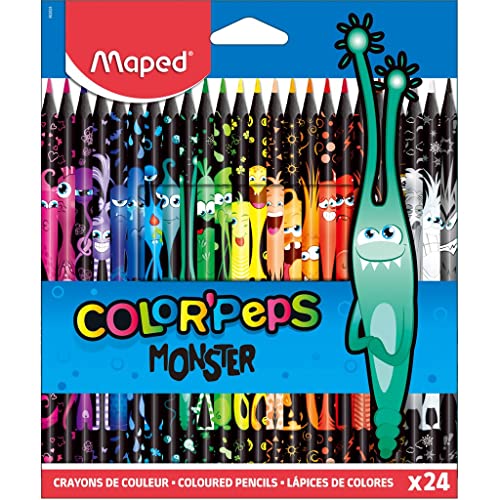 Maped 862624 - ergonomische Drei-Kant-Buntstifte, Farbstifte COLORPEPS BLACK MONSTER - schwarzer Schaft und bunte Monster-Bedruckung - 24x Stifte, 24 Stueck (1er Pack)