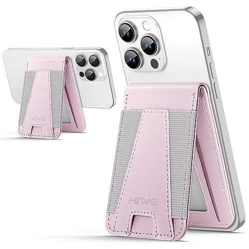 HIWE FOR MAGSAFE WALLET, MAGNETIC WALLET WITH ADJUSTABLE STAND, EIFFEL-TOWER MAGSAFE WALLET STAND FOR IPHONE 16/16 PRO/15/14/13/12 SERIES, OPEN ID WINDOW, 8 CARD HOLDER, VEGAN LEATHER, PINK AND GRAY