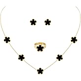 JIEMUCHU Gold Plated Stainless Steel Four Leaf Clover Necklace Earrings And Ring Jewelry Set for Women