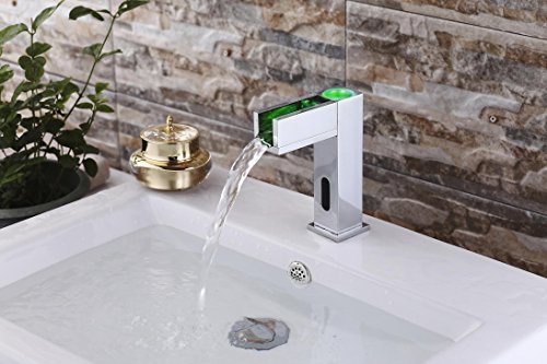 Gangang Led Touch-Free Automatic Bathroom Vessel Sink Sensor Faucet Hot & Cold Mixer Faucet With Color Changing LED,Contemporary Waterfall Automatic Sensor Faucet Hot Cold Water,Lavatory Plumbing Taps - Thumbnail 2