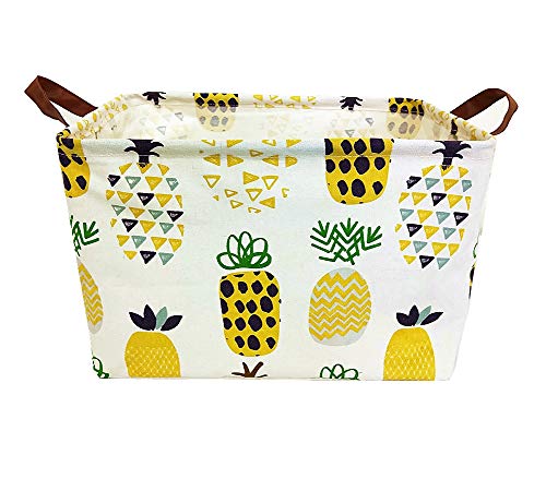 TIBAOLOVER Square Natural Linen & Cotton Fabric Storage Bin with Handles for organizing Kids Toy/Playroom Organization/Toy Bin/Closet/Shelf Baskets/Baby Hamper(Yellow Pineapple) - Thumbnail 6