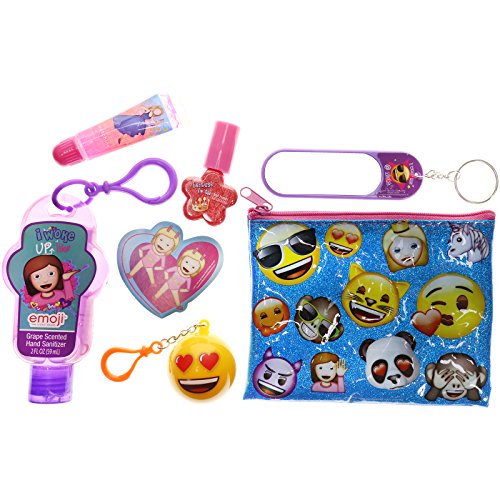 Townley Girl Emoji Cosmetic Set for Girls, Lip Gloss, Nail Polish, Hand Sanitizer, Key Chains and Zippered Bag