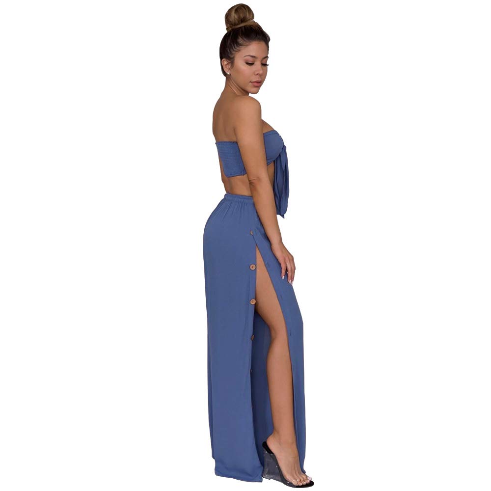 Salimdy Women Sexy 2 Piece Outfits Bandage Crop Top Wide Leg Long Pants Solid Jumpsuits Blue Large