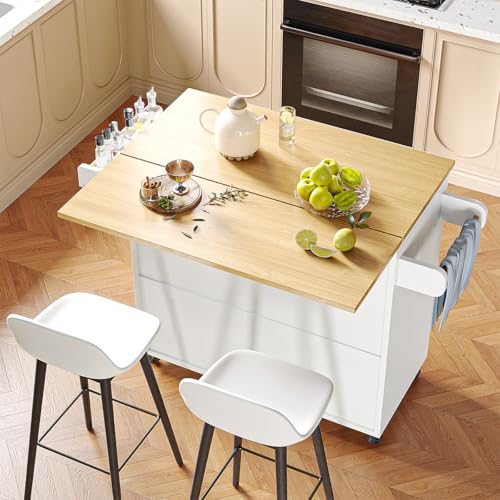 SIMPLE ESPACIO Isla de Cocina Móvil Multifuncional con Ruedas - Abatible,Organizador Integrado Gabinetes,Cajones,Especiero,Toallero Mesa Auxiliar,Almacenamiento Compacto Color de Relieve Blanco