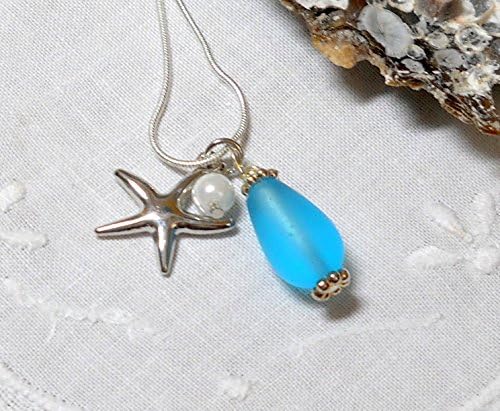 Aqua sea glass pendant necklace by BethExpressions, tropical jewelry, silver plate chain, silver starfish