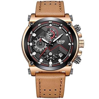 LIGE Elegant Stylish Genuine Leather Multi-Functional Chronograph Wristwatch for Men 9856 - Brown