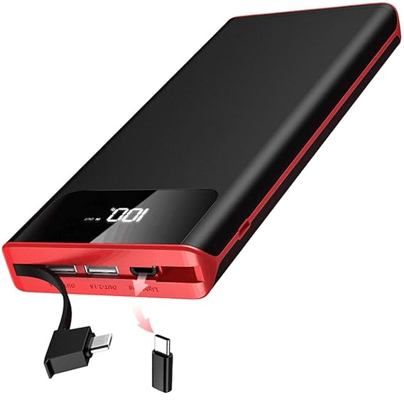 Gnceei 25000mAh Externer Akku Powerbank, 3 USB-Ausgänge und Dual-Adapter mit Eingebautem Kabel, Power Bank mit LED-Leuchten, 