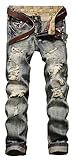 YTD Men's Black Jeans Ripped Distressed Slit Denim Slim Stretch Motor Pants (US 36, Nostalgia Blue)