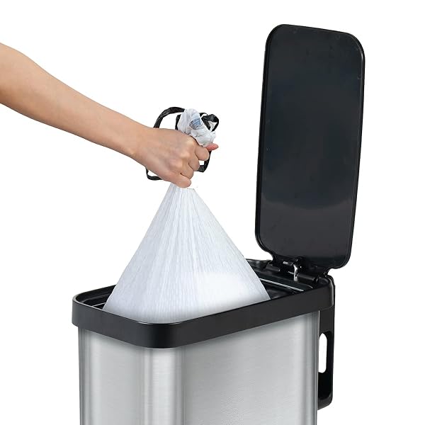 GLAD SLIM TRASH CAN WITH CLOROX ODOR PROTECTION – NARROW KITCHEN GARBAGE BIN WITH SOFT CLOSE LID, STEP ON FOOT PEDAL AND WASTE BAG ROLL HOLDER, STAINLESS STEEL, 12 GALLON/45 LITER