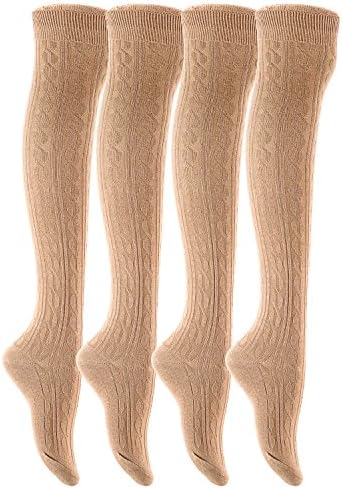 AATMart Women's 4 Pairs Over KNee-High Cotton Socks Size 6-9(Beige)