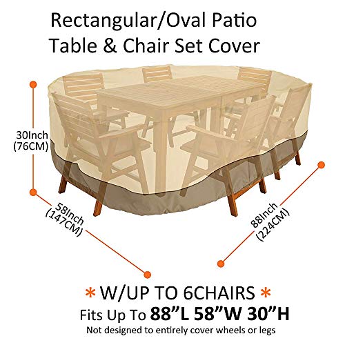 kdgarden Outdoor Rectangular/Oval Patio Table and Chairs Set Cover, Heavy Duty Waterproof 600D Large Furniture Set Cover for All Weather Protection, 88" L x 58" W x 30" H, Beige Brown - Thumbnail 2
