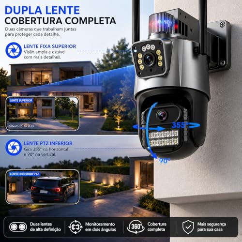 Câmera de Segurança Externa Dupla Wi-Fi 6MP com Duas Lentes, Visão Noturna, Sirene, Detecção de Movimento, Áudio Bidirecional, Rotação 355°/90° e Proteção IP66