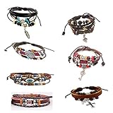 7 PCS Mens Womens Multi Layers Leather Wrap Cuff Bracelet, ,Charm Cuff Bangles Adjustable Fit 6-9 Inches