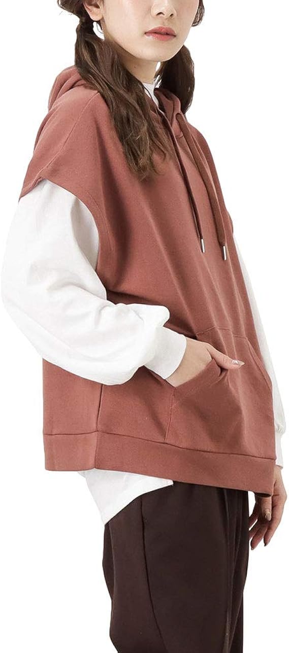 Amazon ベスト パーカー 長袖tシャツ レイヤード レディース レイヤードパーカーベストアンサンブル フード アンサンブル F932dm ブラウン F トレーナー パーカー 通販
