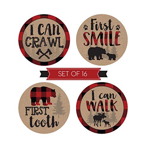 16 Woodland Bear Baby Milestone Stickers, Rustic Winter 12 Monthly Photo Picture Props For Boy or Girl Infant Onesie, 1st Year Months Belly Decal, Scrapbook Memory Registry Gift Lumberjack Shower Idea