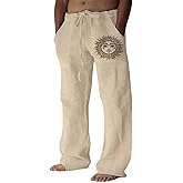Puimentiua Cotton Linen Pants Men, Summer Beach Pants Loose Fit with Elastic Waist Drawstring