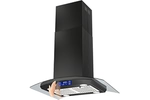 JOEAONZ 30 Inch Island Range Hood Black 700CFM, Gesture & Touch Panel Ceiling Mount Vent Hood, Stainless Steel Kitchen Exhaust Fan Convertible, Tempered Glass, LED lights, Permanent Baffle Filters