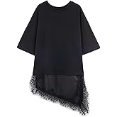 HOULENGS Women's Summer Short Sleeve Lace Trim T-Shirt Casual Crewneck Patchwork Loose Tunic Tops