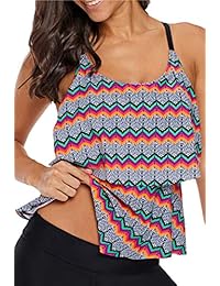 Tankini con volantes y estampado a rayas para dama, sin parte inferior, tallas S a XXXL