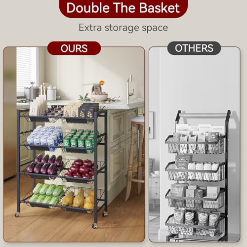 IBUYKE Kitchen Trolley with 8 Baskets,Metal Auxiliary Cart,Black TLJ025B | Vegetable Trolley Fruit Basket Organizer with Wheels for Vegetables, Onions, Potatoes