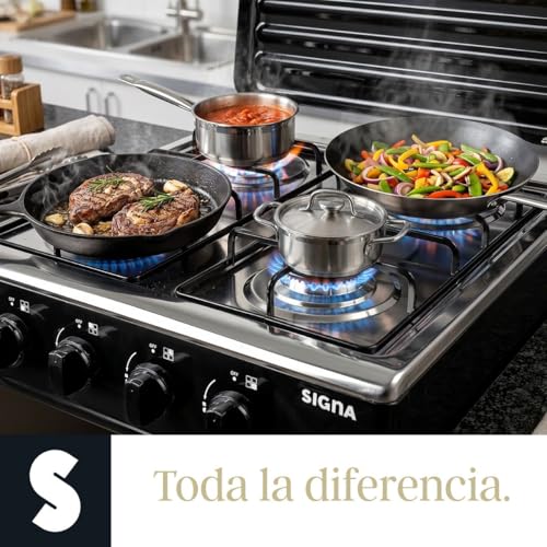 SIGNA Parrilla De Gas Con 4 Quemadores Estufa Acero Inoxidable 50 Cm Parrilla Perillas Reguladoras Quemador De Gas Resistente Con Tapa Y Mueble De Dos Niveles De Acero (Negra)