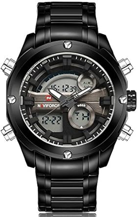 Naviforce Future Attack Solid Black Analog Digital Wrist Watch with Free Bracelet for Men & Boys (NF9088 B/B/GY).
