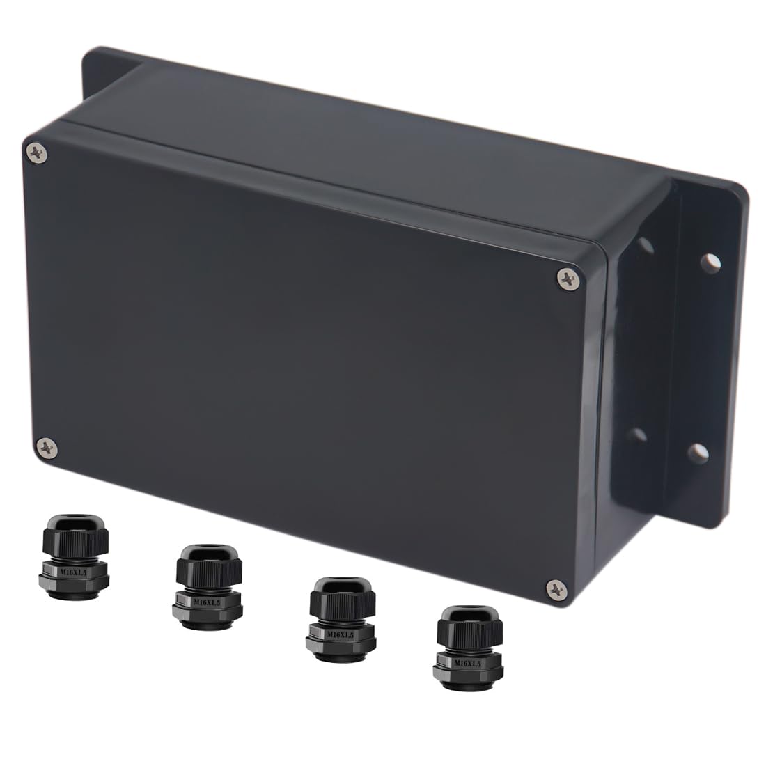 Photo 1 of Raculety Project Box ABS Black Electrical Boxes IP65 Outdoor Waterproof Box Electronic Junction Box Fixed Ear Power Enclosure with Cable Glands for DIY Project 7.87 x 4.72 x 2.95 inch (200x120x75mm)