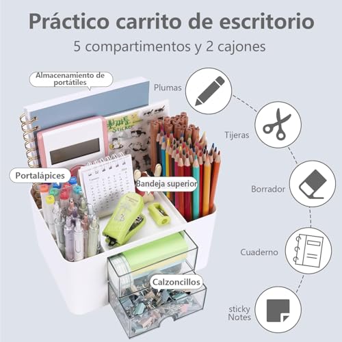 Rantuia Porta Lapices de Escritorio, con 5 Particiones y 2 Cajones Transparentes, Organizador de Escritorio Universal, Cajón Transparente para Fácil Acceso. (Blanco)