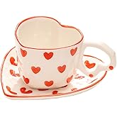 WAIT FLY Heart Shaped Ceramic Coffee Mug Set with Saucer, Tea Cup, Breakfast Cup, Dessert Plate-Red-8 OZ