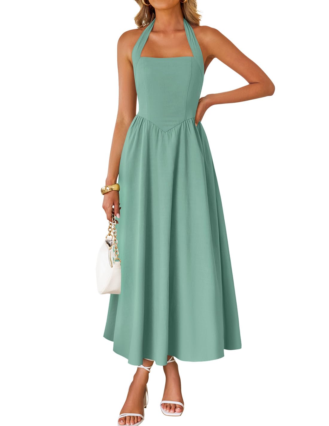 Photo 1 of ZESICA Women's Summer Sleeveless Halter Midi Dress 2025 Off Shoulder High Waist Swing Flowy Beach Long Dresses,Sage,L