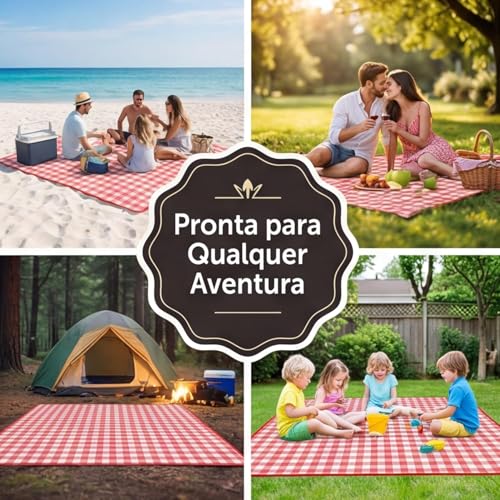 Tapete Piquenique Impermeável Dobrável, Grande 200x200cm, com Alça, Toalha para Picnic, Parque, Praias, Passeios ao Ar Livre, a Prova de Água, Fácil de Carregar (Vermelho)