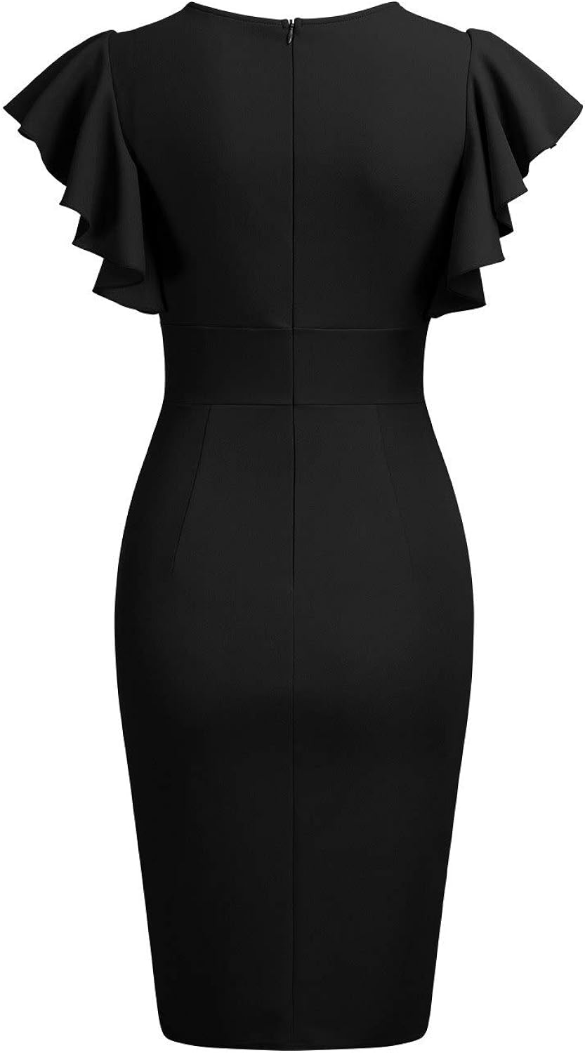 Knitee Women's Deep-V Neck Ruffle Sleeves Cocktail Party Pencil Slit Formal Dress: Clothing