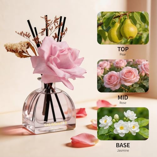 Reed Diffusers Set, Rose Air Freshener, 8.5 oz / 250 ml Scented Diffuser with 10 Sticks, 140 Days Long Lasting Home Fragrance for Bathroom Bedroom Living Room Shelf Decor