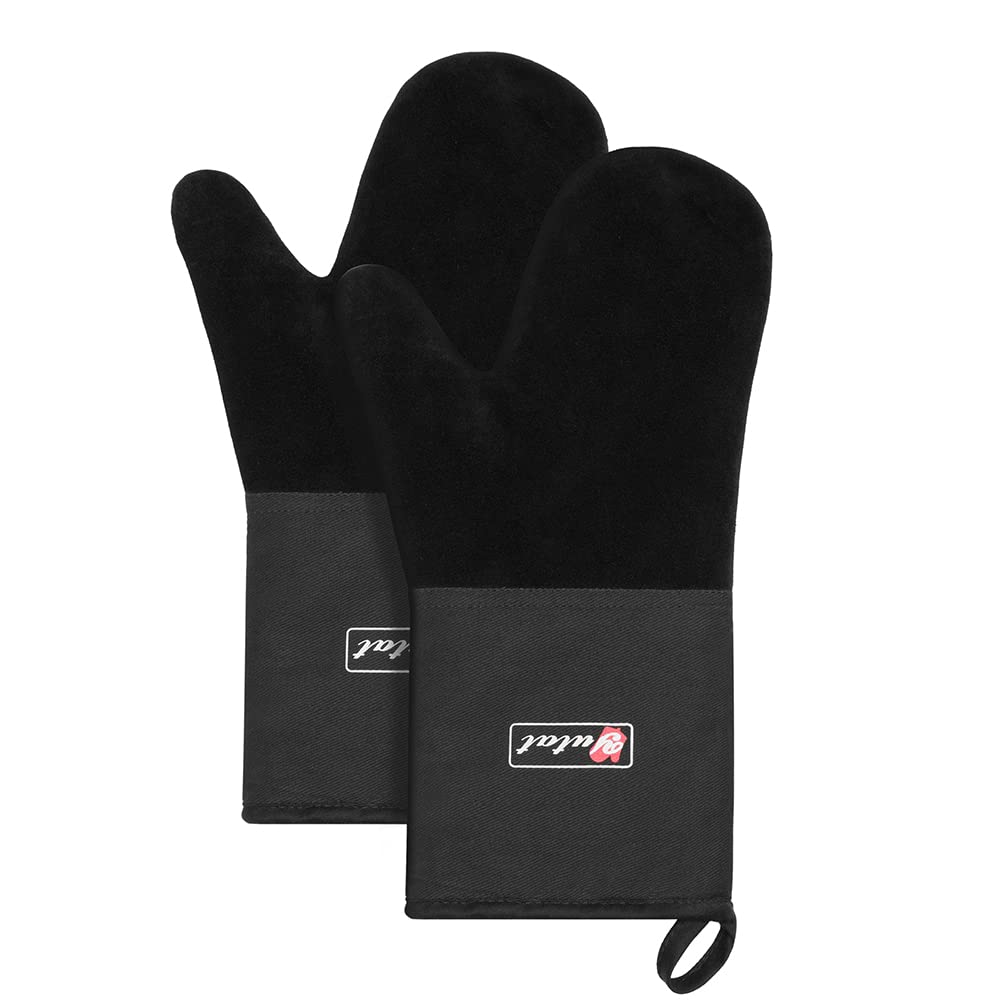 Yutat® Oven Gloves - Cow Suede Oven Gloves Heat Resistant up to 320°C, Extra Long and Non-Slip Pot Holder Glove, Perfect for Kitchen, Baking and Outdoor BBQ, Set of 2, Black