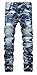 Men's Stylish Camo Printed Straight Fit Stitching Moto Biker Blue Jeans