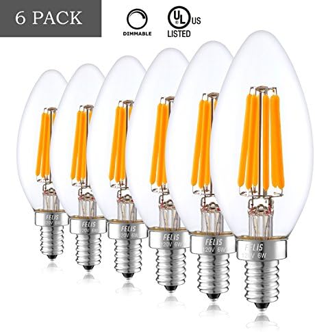 FELIS LED Candelabra Bulb Dimmable, E12 LED Chandelier Bulb 60W Equivalent, 2700K 580 Lumens LED Candle Bulb, Energy Star UL Listed (6 Pack)