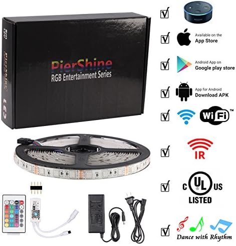 PierShine 16.4ft 5m 300leds WiFi and Wireless Alexa Smart Home RGB LED Strip Lights with UL Listed adapter, 24 keys remote control, Compatible on Android and IOS with Alexa (white roll)