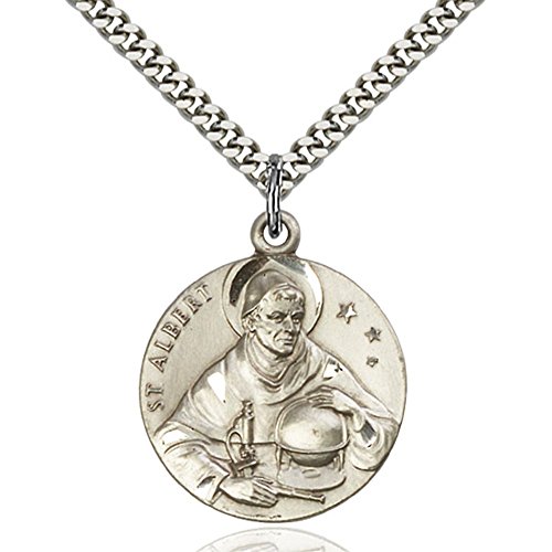 Sterling Silver St. Albert the Great Pendant 1 x 7/8 inches with Heavy Curb Chain