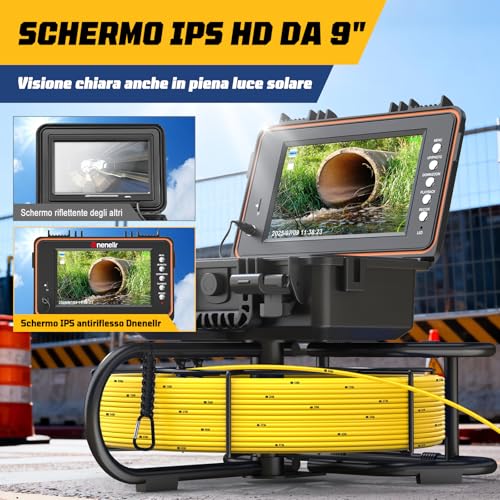 Dnenellr Tube Inspection Camera, 7 mm Thick Cable with Metric Signs, with 512Hz Probe and Auto-Leveling Function 1080P, 9 Inch IPS HD Screen Cable, 32GB DVR, 5100mAh Battery, IP68 (30M)