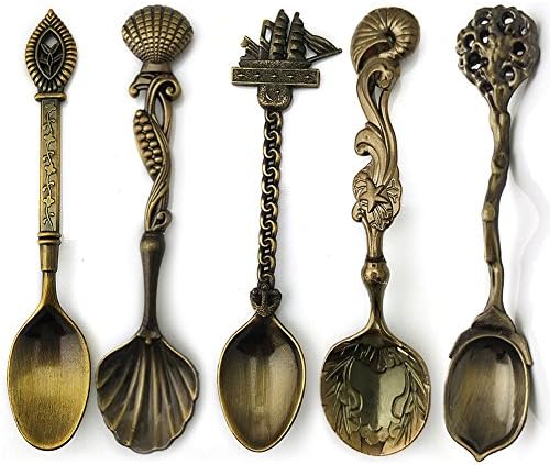 Mzwodmu 5Pcs Kitchen Dining Vintage Bronze Carved Flatware Cutlery Mini Dessert Spoon Bronze