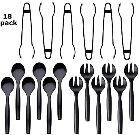 Disposable Serving Utensils, Plastic Serving 10" Spoons 10" Forks & 6" Tongs 6 of Each, Pack of 18. (Black)