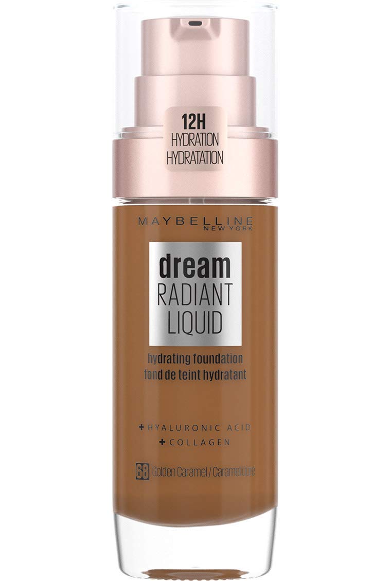 Maybelline Foundation, Dream Radiant Liquid Hydrating Foundation with Hyaluronic Acid and Collagen - Lightweight, Medium Coverage Up to 12 Hour Hydration - 68 Golden Caramel