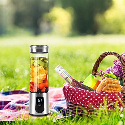 Portable Blender, Smoothie Blender, Electric Shaker Bottle, 3 in 1 Cordless Personal Blender Juicer Mixer with Led Displayer, Usb Rechargeable, Stainless Steel, Borosilicate Glass