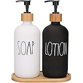 Soap Dispenser Bathroom Set, Hand Soap and Lotion Dispenser Set with Tray for Bathroom, Black and White Bathroom Decor Modern Farmhouse Decor Kitchen Art Dish Soap Holder (Black & White)