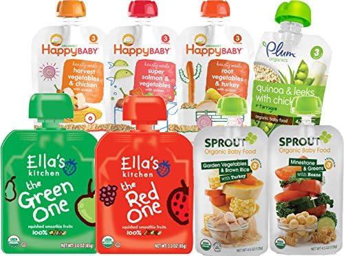 Organic Baby Food Stage 3 Meals 8-Flavor Variety Pack (8 Pouches) Includes Happy Baby, Sprout, Plum, Ella’s Kitchen