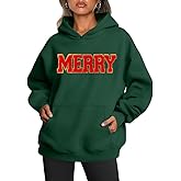 Earlymemb Women's Merry Christmas Oversized Hoodies Fleece Sweatshirts Funny Chenille Patch Xmas Holiday Pullover with Pocket
