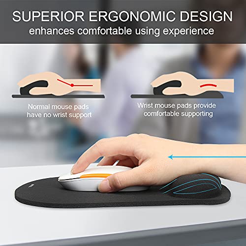 TECKNET Mouse Mat Wrist Support, Ergonomic Mouse Mat with Memory Foam, Mice Pad with Anti-slip Rubber Base, Waterproof Surface Mouse Pad for Computer, Laptop, Office, Home and Travel, Black
