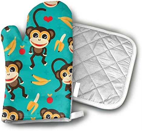 Monkey Love Banana Oven Mitts,Heat Resistant Oven Gloves Insulation Thickening Cotton Gloves Baking Kitchen Cooking Mittens with Soft Inner Lining