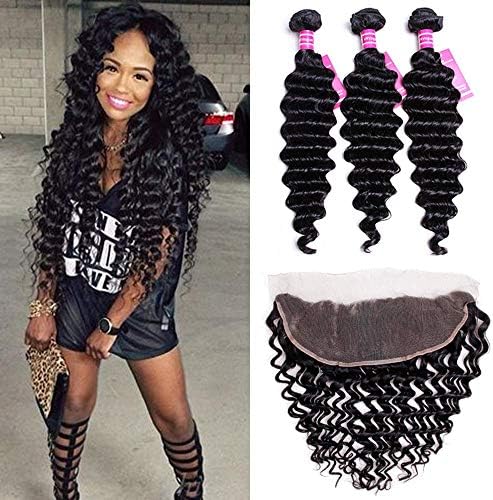 VRVOGUE (14" 16" 18") Brazilian Deep Wave Bundles with Frontal Lace 12 Inch Free Part 13x4 For Lace Frontal Wigs 100% Unprocessed Virgin Brazilian Human Hair Weave Extensions Natural Color …